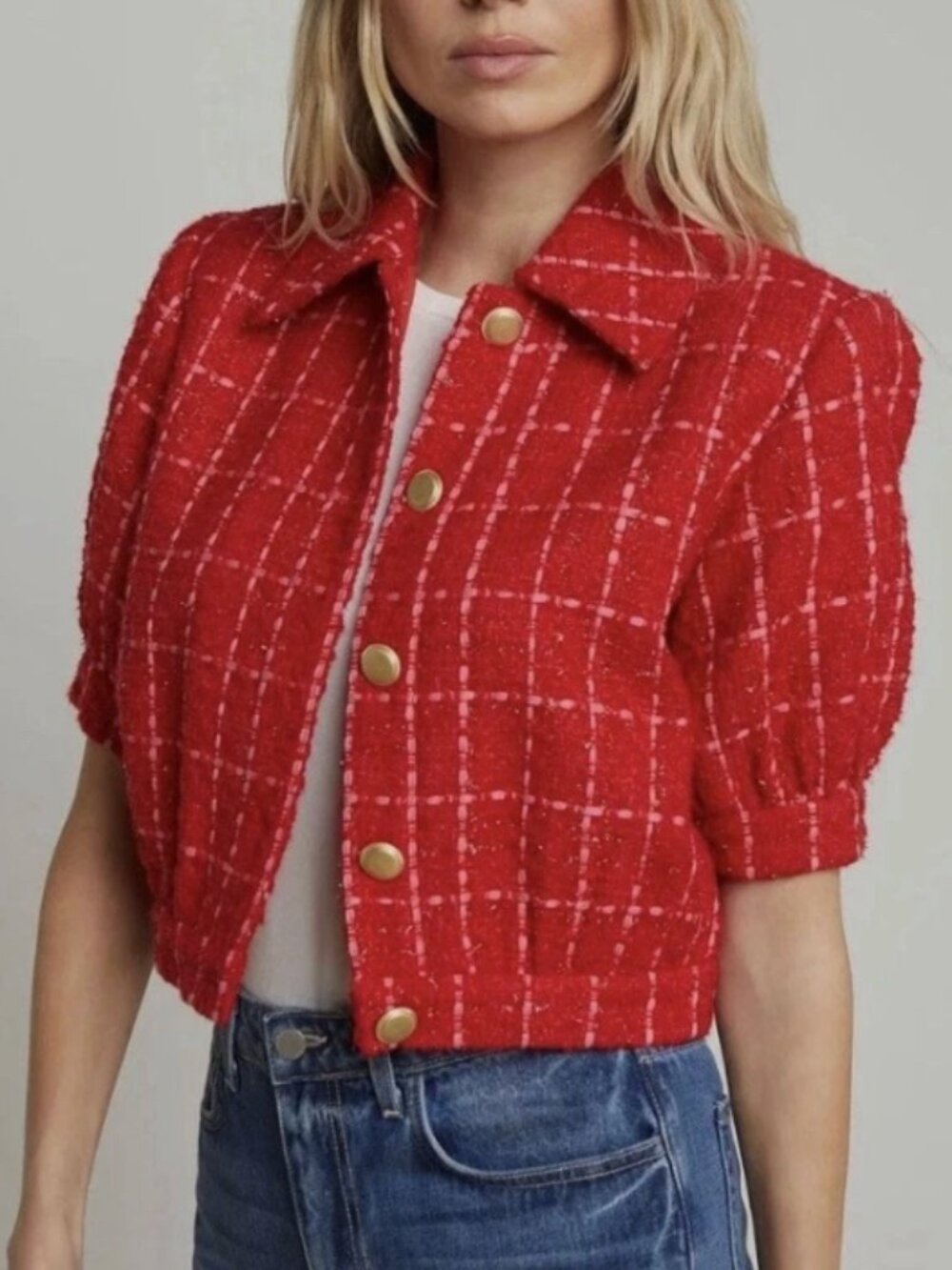 NWT L'AGENCE Cove Short Sleeve Cropped Tweed Jacket Red Hot Pink Plaid Size 6